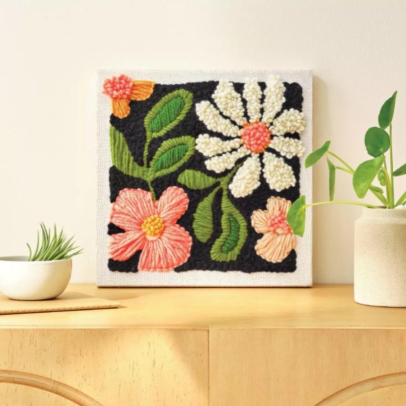 Punch Needling Canvas Kit Stitch Learning DIY Kit Stamped Floral Embroidery Patterns,Hoop,Threads,Sewing Hobby