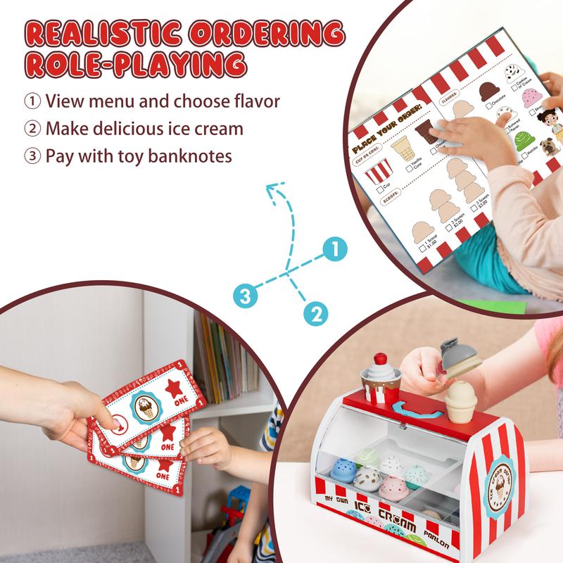 28Pcs Ice Cream Toys for kids, Pretend Play Food Toys for Girls, Ice Cream Shop Counter Playset, Birthday Gift for Girl Boy, Learning Education Toy