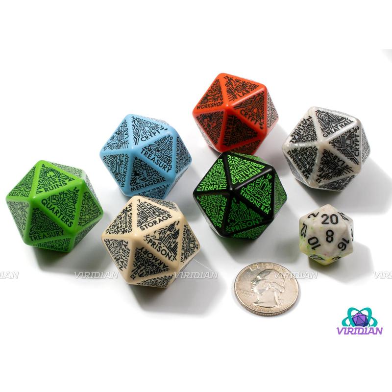 Dungeon: Room Generator Die | Create Room-Types for Castles Hideouts Caves Locations, D&D Random Dice, From Ritual Chambers to Throne Rooms, Improv, 31mm | Acrylic Giant D20 (1)