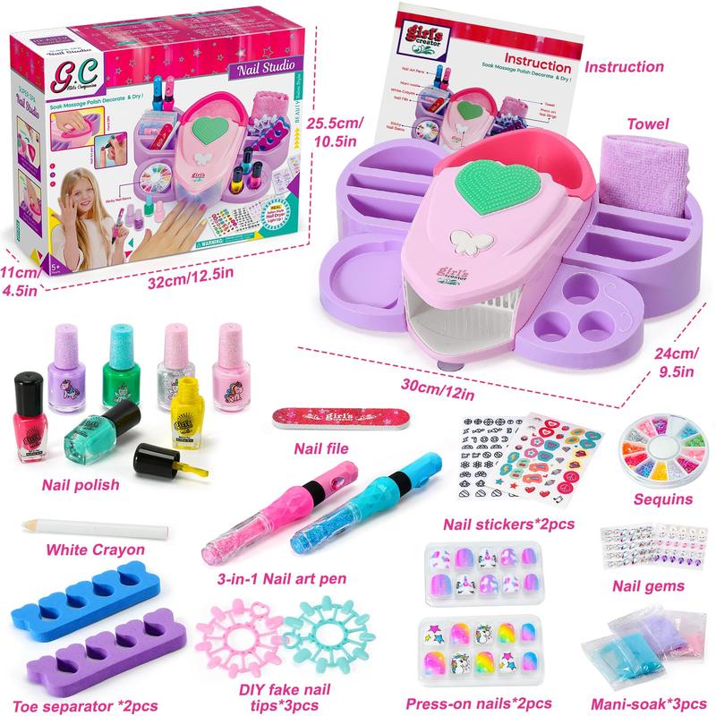 Nail Polish Set Toy for Girls Nail Art Kit Storage Desk with Nail Dryer&Hand Massage Spa Kit, Manicure Salon Studio Stuff Learning Educational Interactive Toy Birthday Christmas Gifts