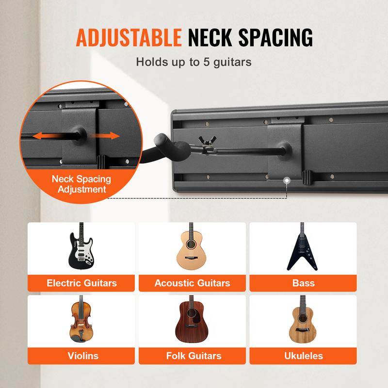 VEVOR 5-Space Guitar Stand, Hold Up to 5 Guitars, Wall-Mounted Multiple Guitars Display Foldable Rack with 270° Rotatable Hooks Aluminum Panels Installation Handle, for Guitar Acoustic Electric Bass