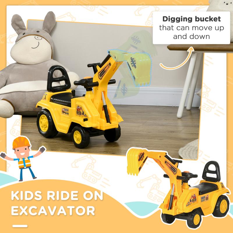 HOMCOM Ride On Excavator Pull Cart, Kids Digger Ride on Truck with Horn, Under Seat Storage, Sit and Scoot Pretend Play Toy Construction Car for Ages 18M+