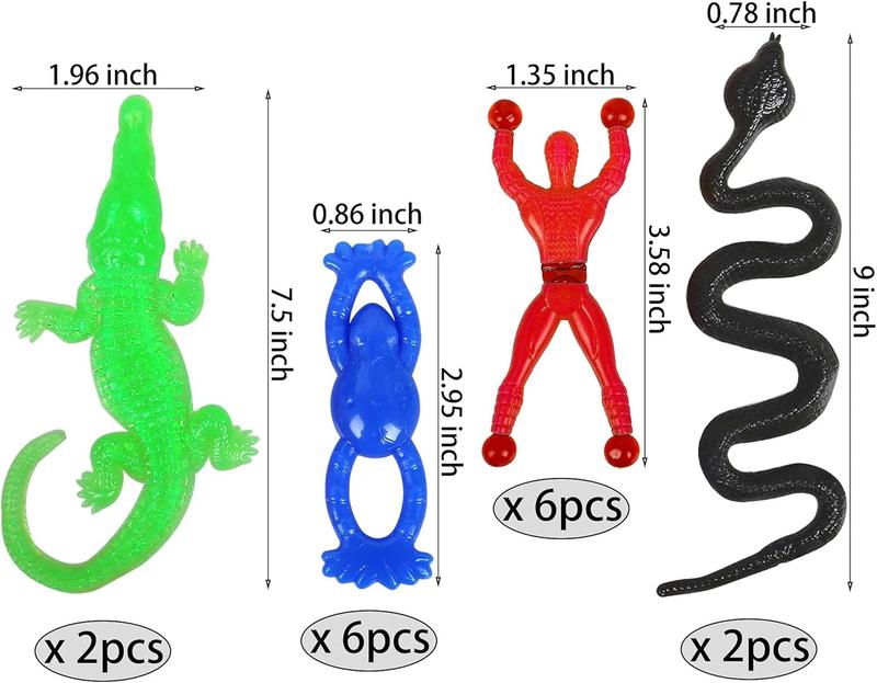 46 count Vinyl Stretchy Sticky Toys Assorted Novelty Large Sticky Hands, Hammer, Lizards, Skull and Flying Frog for Children Kids Party Favors, Birthdays