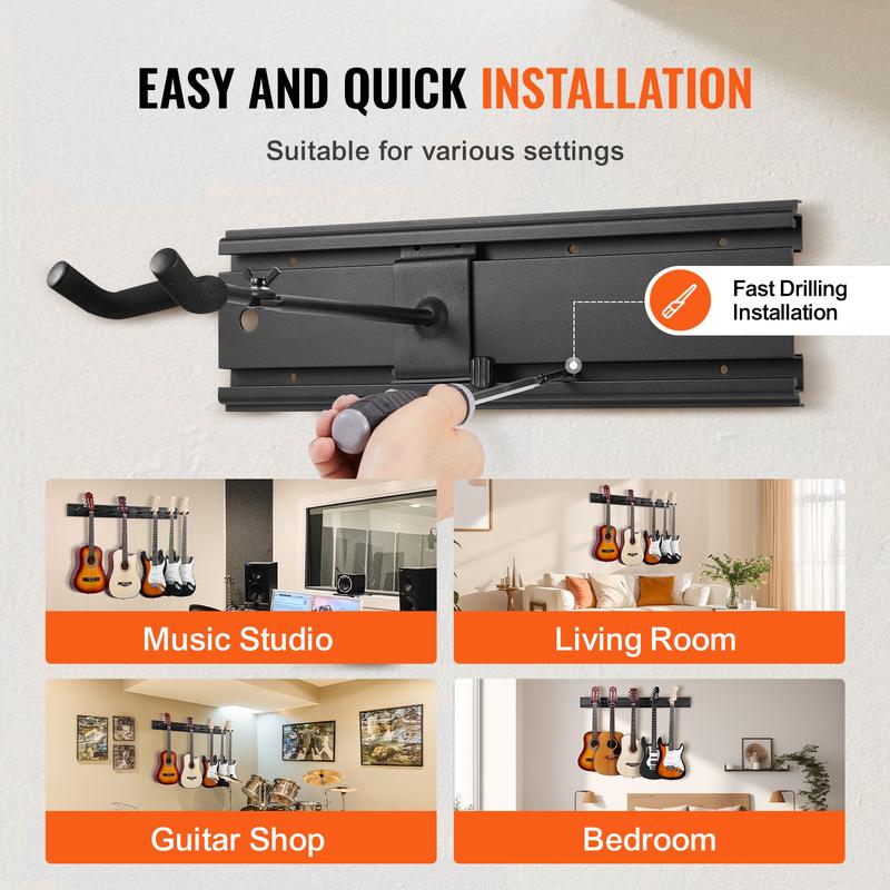 VEVOR 5-Space Guitar Stand, Hold Up to 5 Guitars, Wall-Mounted Multiple Guitars Display Foldable Rack with 270° Rotatable Hooks Aluminum Panels Installation Handle, for Guitar Acoustic Electric Bass