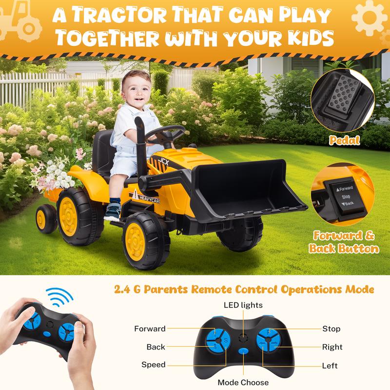 CoCLUB 12V 2 in 1 Ride on Tractor Bulldozer Toys for Kids, Battery Powered Ride on Tractor with Remote Control, Trailer, Shovel Bucket, Digging Handle, Remote Control, Bright Headlight, Gift for Boys and Girls