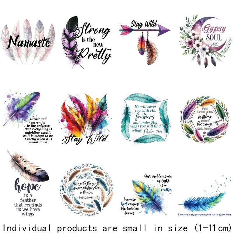 Feather Pattern Heat Transfer Sticker, 12pcs set Washable Iron Transfer Sticker, DIY Fashion Patch for T-shirt, Hat & Bag