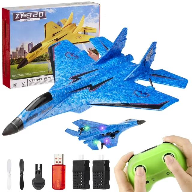 RC Airplane Toys, 2.4Ghz Remote Control Airplane Toy with Colorful LED Lights, Foam Gliders Ready to Fly Toy for Kids Adult Beginner, Blue rc car