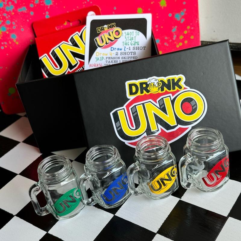 UNO Drinking Game with Mini Mason Jar Shot Glasses - Perfect for Parties and get-togethers