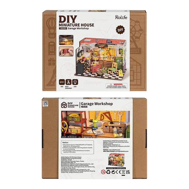 Rolife Miniature House Kit DIY Mini Dollhouse Garage Workshop Tiny House Making Kit with LED Light Decorative Wooden Craft Diorama Kit Hobby Gift