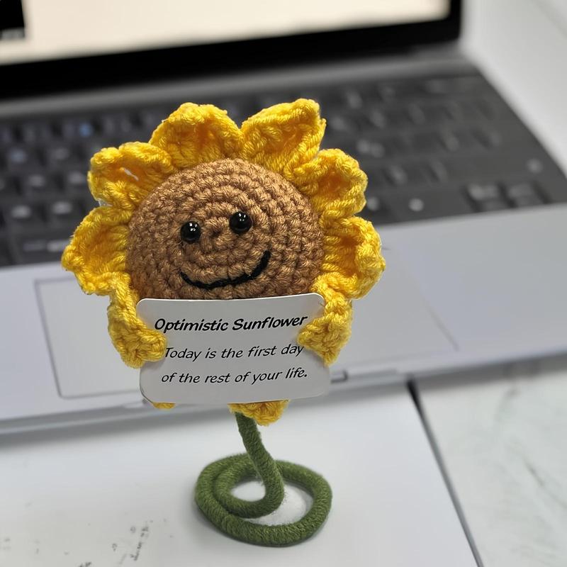 Creative Funny Positive Sunflower, Handmade Crochet Sunflower Doll, Cute Positive Sunflower with Card, Home Decor Ornaments, Cheer Up Gifts