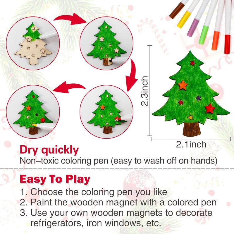 DIY Wooden Christmas Crafts Kit for Kids - 36pcs Magnets Painting Set for Boys & Girls Ages 4-8 & 8-12, Xmas Stocking Stuffers, Holiday Party Favors, Gifts, Goodie Bag Fillers, Holiday Decor