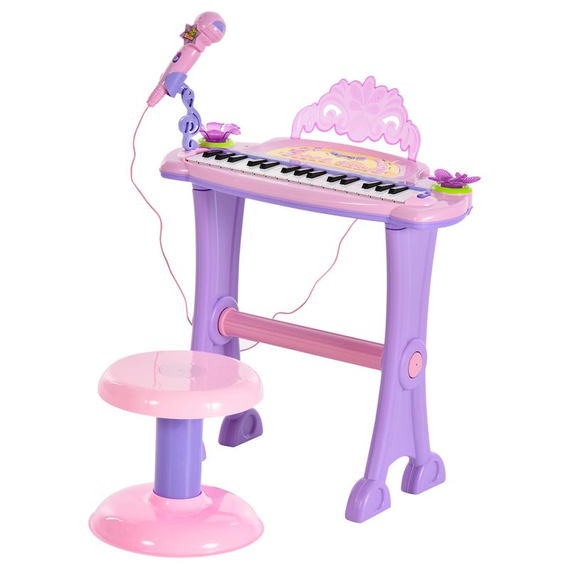 Qaba 32-Key Princess Electronic Toy Piano for Kids, Educational Keyboard Piano with Stool, MP3, Record, Flashing Lights, Microphone for 3-6 Years