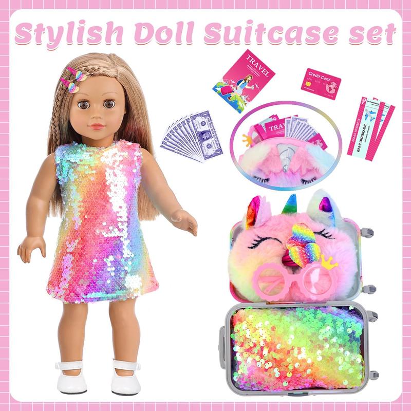 K.T. Fancy 23 Pcs American 18 Inch Doll Clothes and Accessories, Cute Doll Suitcase Set for 18 Inch Girl Doll Included Doll Sequined Dress, Sunglasses, Unicorn Bag, Shoes(No Doll)