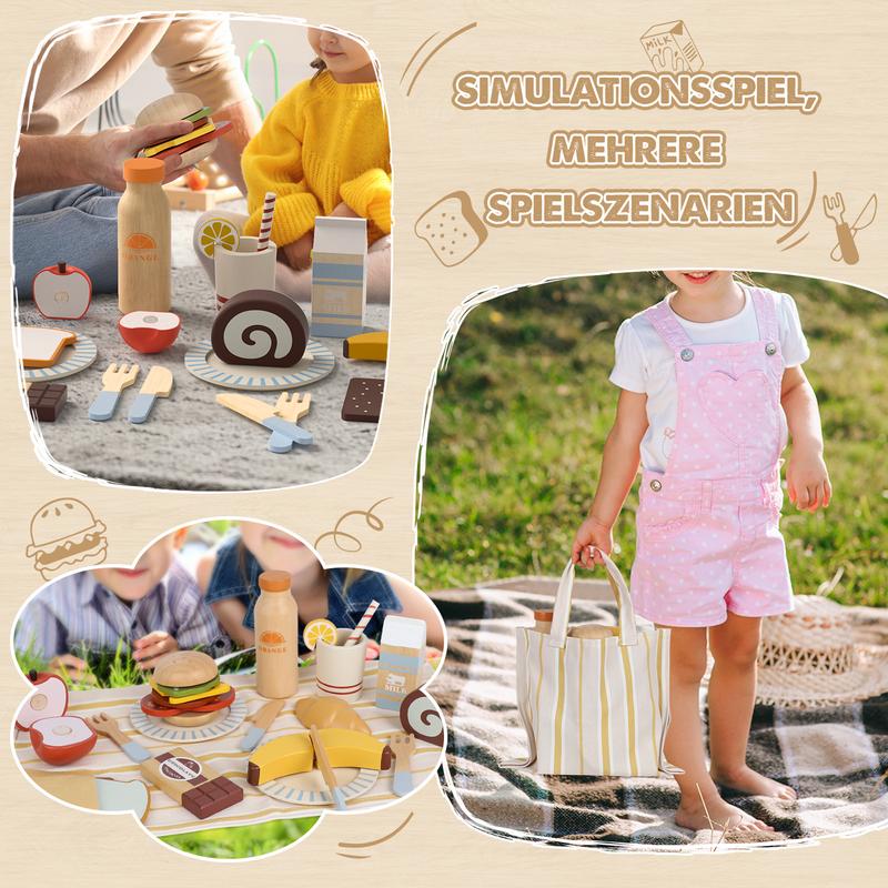 21PCS Pretend  play Picnic Set, Wooden play Food Sets for Kids kitchen, Lehoo Castle Pretend play Food Toys, Cutting Food Toys, Gift for Girls Boys, Toy Food Educational Gifts, Birthday Gifts play kitchen Multicoloured Learning Unisex Transportation