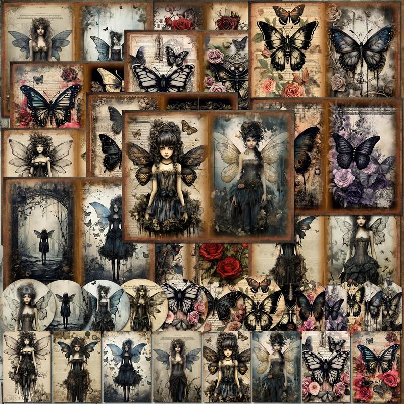 Gothic Butterfly Fairy Pattern Papers & Stickers Set, 58pcs set Including 12pcs Scrapbook Paper & 46pcs Sticker, Perfect for Mini Gift Packaging, Bullet Journaling, Arts Crafts, Scrapbooking Supplies