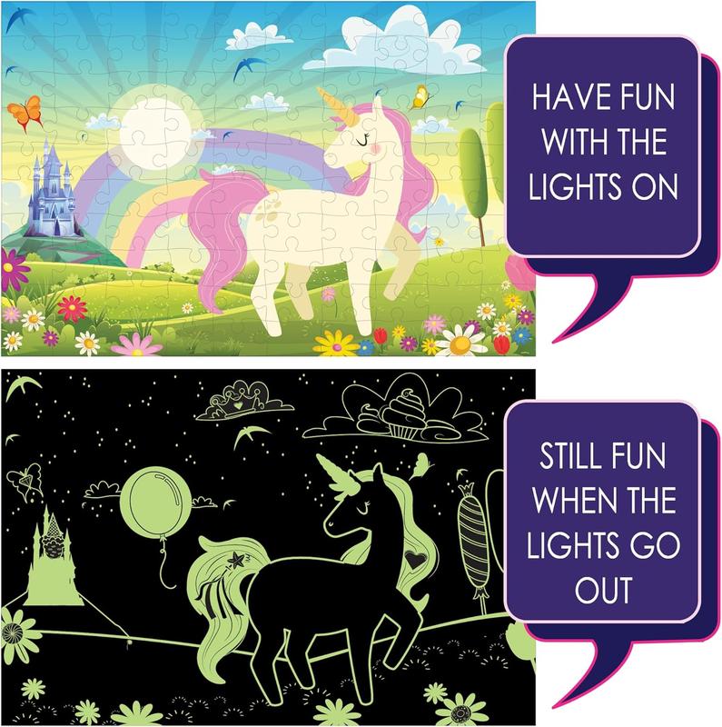 100 count Unicorn Puzzle Glow-in-The-Dark Puzzle for Kids Girls & Boys, Birthday Gift w Bonus Memory Matching Cards & LED Flashlight, Jigsaw Puzzles for Kids Ages 5 6-8 10-12 Years Old and Up