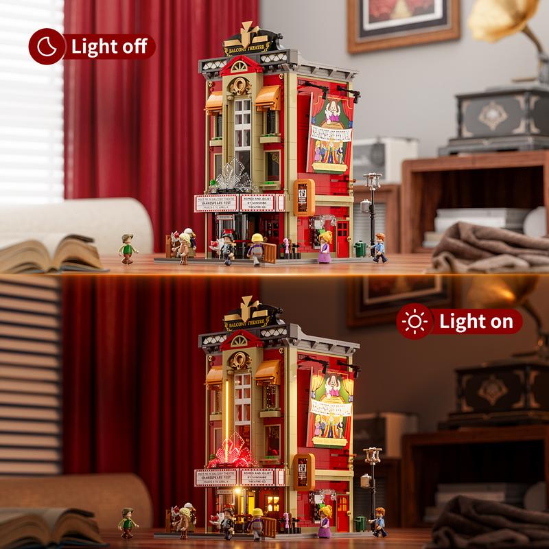 FUNWHOLE Balcony-Theatre Lighting Building-Bricks Set - City Town Creator House LED Light Multi-Form Modular Collectible Display Kit 2445 Pcs for Adults and Movie Lovers