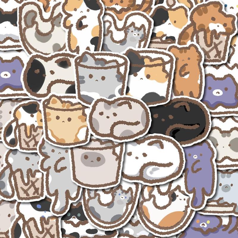 Cartoon Cat Pattern Sticker, 48pcs set Scrapbooking & Journal Making Material Paper, PVC Waterproof DIY Decorative Sticker for Stationery Computer Water Bottle