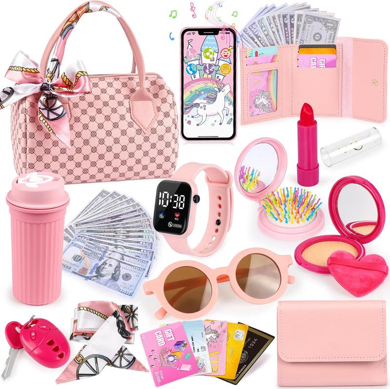 Christmas gift for kids Play Purse for Little Girls, 32PCS Toddler Purse with Pretend Makeup for Kids, Princess Toys Includes Handbag, Phone, Wristwatch, Silk Scarf Kids Toy Purse