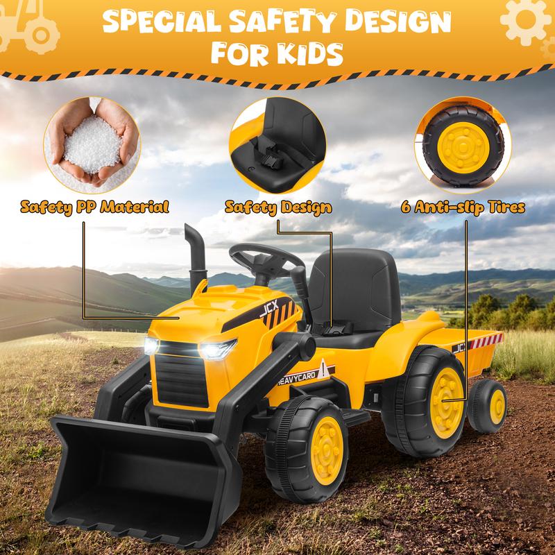 CoCLUB 12V 2 in 1 Ride on Tractor Bulldozer Toys for Kids, Battery Powered Ride on Tractor with Remote Control, Trailer, Shovel Bucket, Digging Handle, Remote Control, Bright Headlight, Gift for Boys and Girls