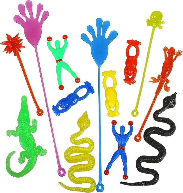 46 count Vinyl Stretchy Sticky Toys Assorted Novelty Large Sticky Hands, Hammer, Lizards, Skull and Flying Frog for Children Kids Party Favors, Birthdays