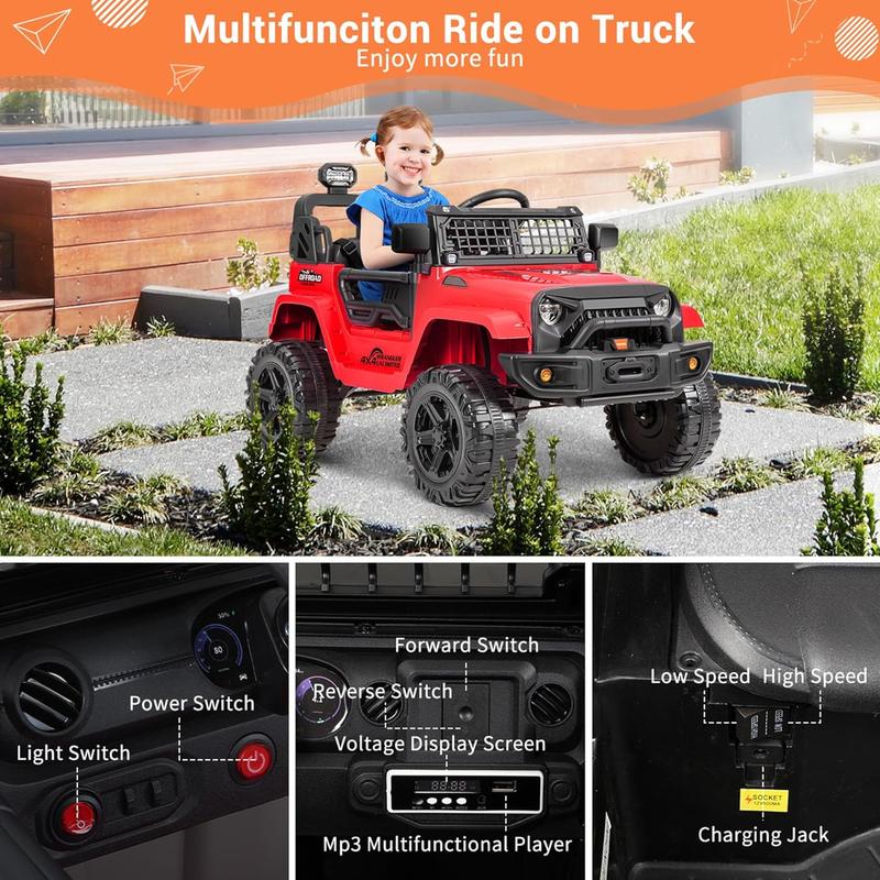 FUNTOK 12V Kids Electric Ride On Car Jeep with Remote Control 3 Speeds, LED Lights, Radio, AUX USB MP3 Music, Openable Doors & Suspension, Electric Car Vehicle for Toddlers & Kids