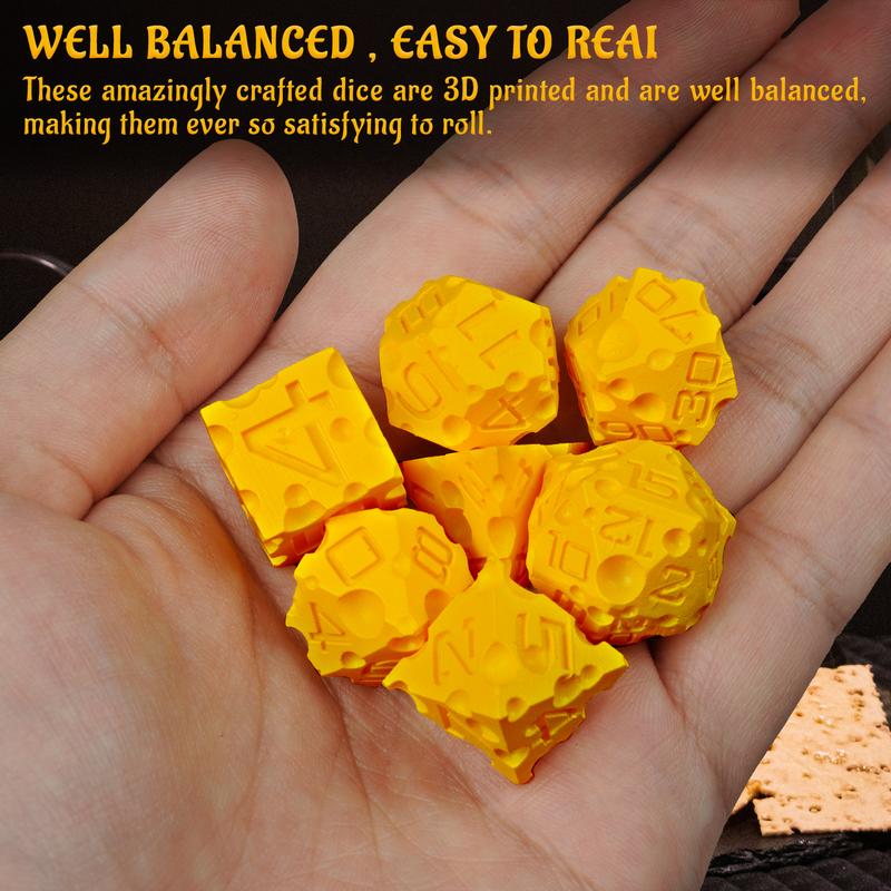 DND Cheese Dice 3D Printed 7PCS Polyhedral Food Themed Dice Set Great for Dungeons and Dragons, Pathfinder, Tabletop RPG,  Game