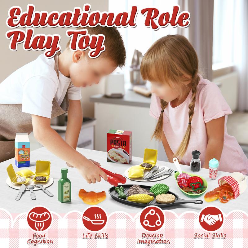 Pretend Play Food for Kids Kitchen - Cutting Toy Food with Storage Bag, Food Toys with Dumplings Steak, Play Food with Bread Toy, Pretend Food, Play Kitchen Accessories, Boys Girls Gift