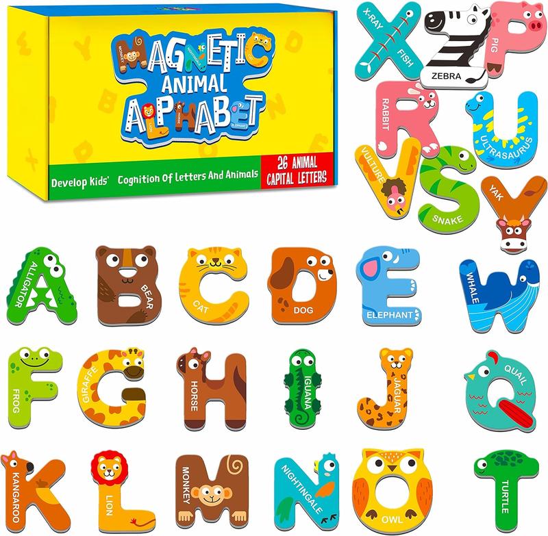 Large Size Magnetic Letters, Cute Animal Alphabet ABC Magnets for Fridge Colorful Uppercase Animals Toys Set Spelling Learning Games for,