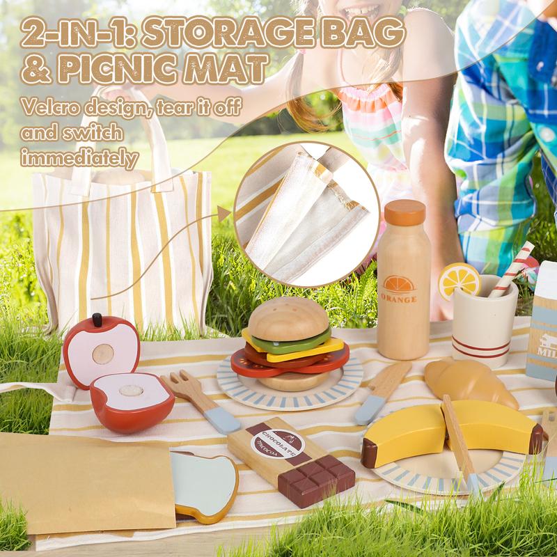 21PCS Pretend  play Picnic Set, Wooden play Food Sets for Kids kitchen, Lehoo Castle Pretend play Food Toys, Cutting Food Toys, Gift for Girls Boys, Toy Food Educational Gifts, Birthday Gifts play kitchen Multicoloured Learning Unisex Transportation