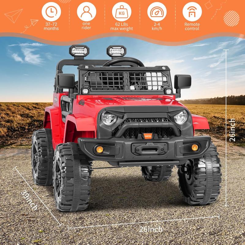 FUNTOK 12V Kids Electric Ride On Car Jeep with Remote Control 3 Speeds, LED Lights, Radio, AUX USB MP3 Music, Openable Doors & Suspension, Electric Car Vehicle for Toddlers & Kids