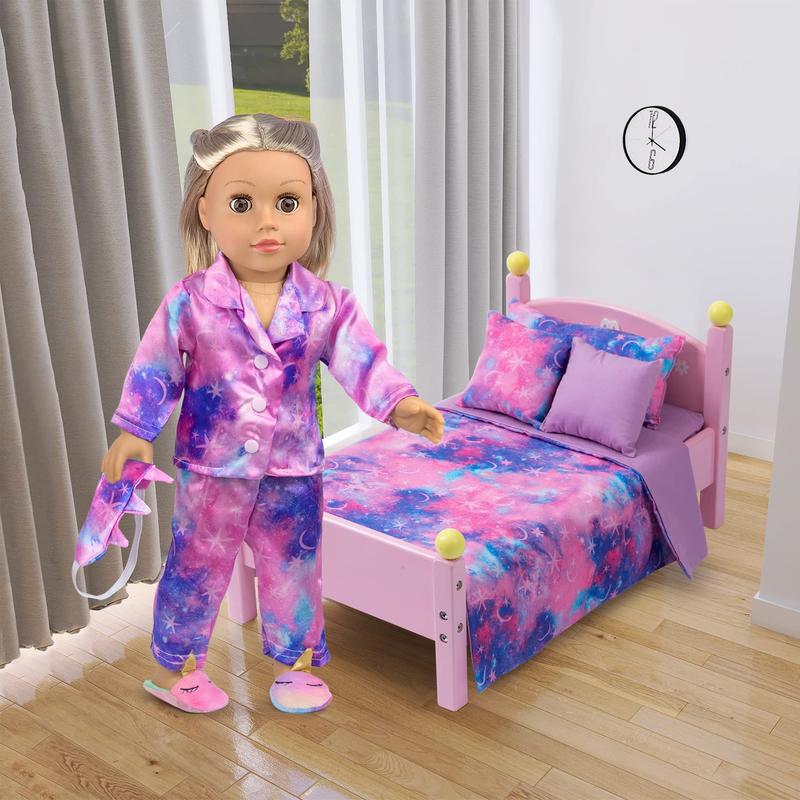 8 PCS 18 Inch Girl Doll Clothes and Accessories Sleeping Sheet,Pajamas,Eye Mask,Unicorn Slippers,Pillow(Doll and Bed are Not Included)