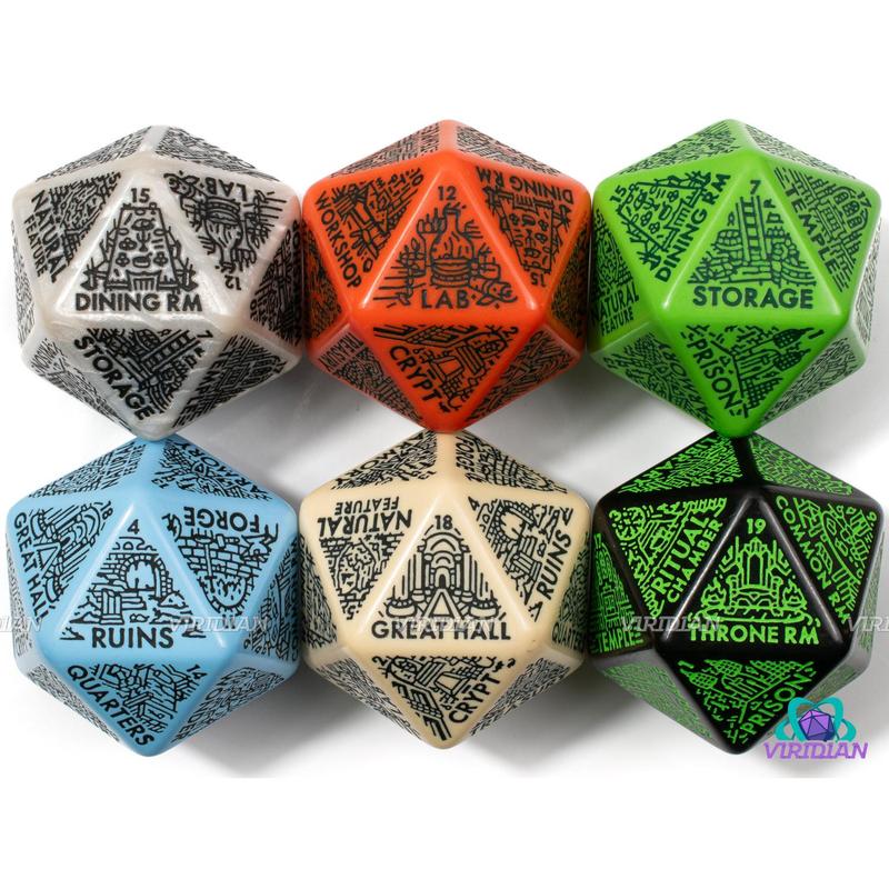 Dungeon: Room Generator Die | Create Room-Types for Castles Hideouts Caves Locations, D&D Random Dice, From Ritual Chambers to Throne Rooms, Improv, 31mm | Acrylic Giant D20 (1)