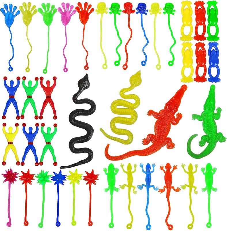 46 count Vinyl Stretchy Sticky Toys Assorted Novelty Large Sticky Hands, Hammer, Lizards, Skull and Flying Frog for Children Kids Party Favors, Birthdays