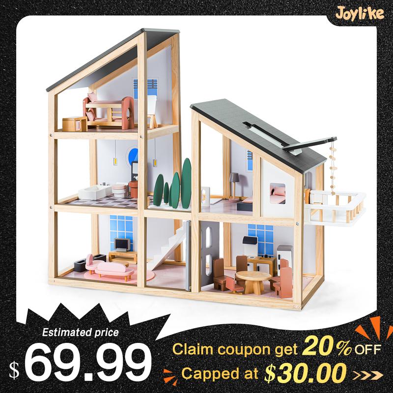 Joylike Wooden  Doll House, With Wooden Furniture, All Wooden Play House.