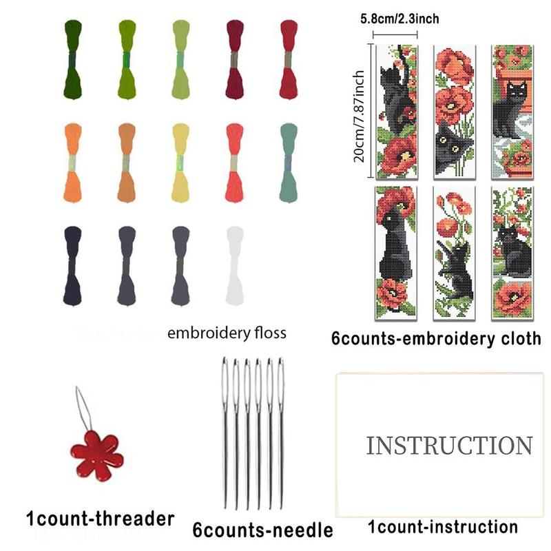 Cat & Flower Pattern DIY Cross Stitch Bookmark Kit, 6 Counts set DIY Cross Stitch Kit with Random Color Embroidery Accessories, DIY Cross Stitch Kit for Beginners & Handmade Lovers