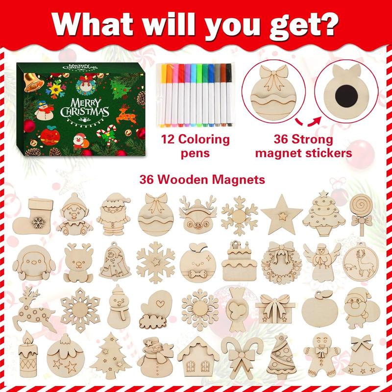 DIY Wooden Christmas Crafts Kit for Kids - 36pcs Magnets Painting Set for Boys & Girls Ages 4-8 & 8-12, Xmas Stocking Stuffers, Holiday Party Favors, Gifts, Goodie Bag Fillers, Holiday Decor