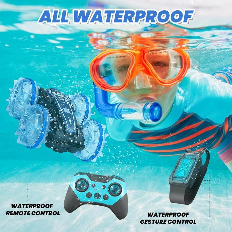 Remote Control Car Boat Amphibious RC Car with Waterproof Gesture Control 2.4Ghz All Terrain RC Boat 360 Rotation Stunt Car Beach Pool Toys for Kids Ages 8-12 Toys for 6 7 9 Year Old Boys