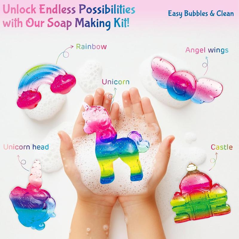 Unicorn Soap Making Kit Arts and Crafts for Kids Ages 6+ - Fun Christmas Easter Birthday Gifts for 6 7 8 9 10 11 12 Year Old Girl with 20 Soap Bases, 5 Molds, 6 Colors - Girl Unicorn Toys Science Kits