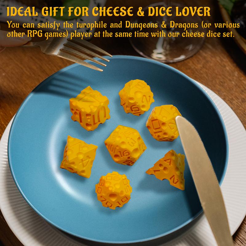 DND Cheese Dice 3D Printed 7PCS Polyhedral Food Themed Dice Set Great for Dungeons and Dragons, Pathfinder, Tabletop RPG,  Game