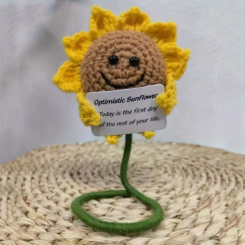 Creative Funny Positive Sunflower, Handmade Crochet Sunflower Doll, Cute Positive Sunflower with Card, Home Decor Ornaments, Cheer Up Gifts