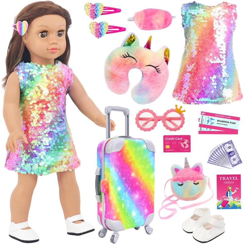 K.T. Fancy 23 Pcs American 18 Inch Doll Clothes and Accessories, Cute Doll Suitcase Set for 18 Inch Girl Doll Included Doll Sequined Dress, Sunglasses, Unicorn Bag, Shoes(No Doll)