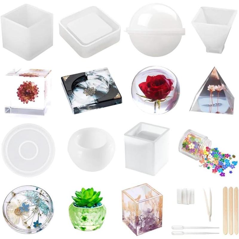 Resin Molds Silicone Kit 20Pcs,Epoxy Resin Molds Including Sphere,Cube,Pyramid,Square,Round, Used for Create Art,DIY,Ash Trays,Coasters,Candles.Bonus Decorative Sequins and The Complete Set Tools