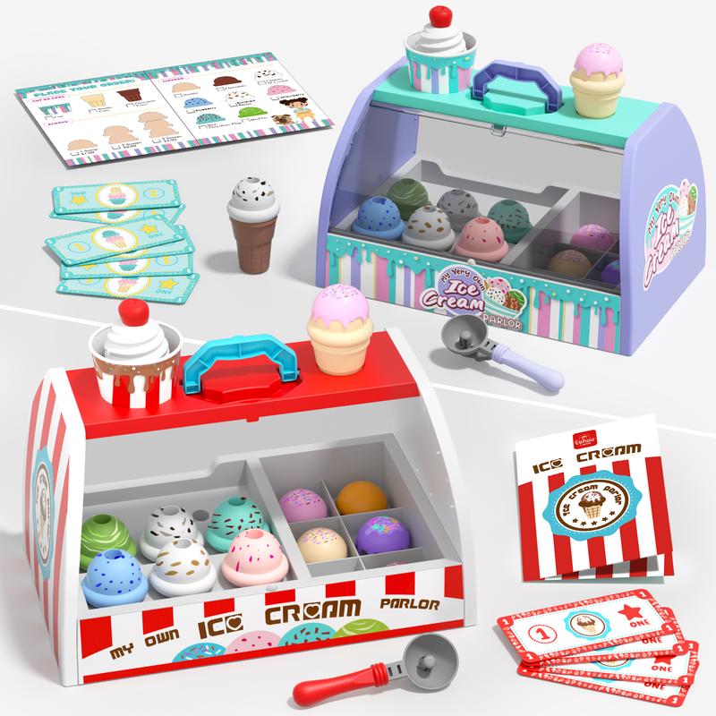 28Pcs Ice Cream Toys for kids, Pretend Play Food Toys for Girls, Ice Cream Shop Counter Playset, Birthday Gift for Girl Boy, Learning Education Toy