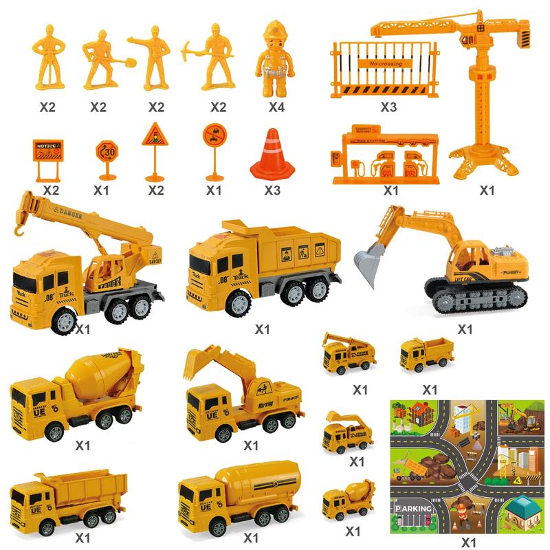 Construction Vehicle Toy Engineering Vehicles Set, 38Pcs, with Play Mat, Construction Worker, Road Signs, Dump Trucks, Excavator, Cement Mixer Trucks, Crane, Toy Gift for Age 3-9 Kids Boys & Girls kids toys