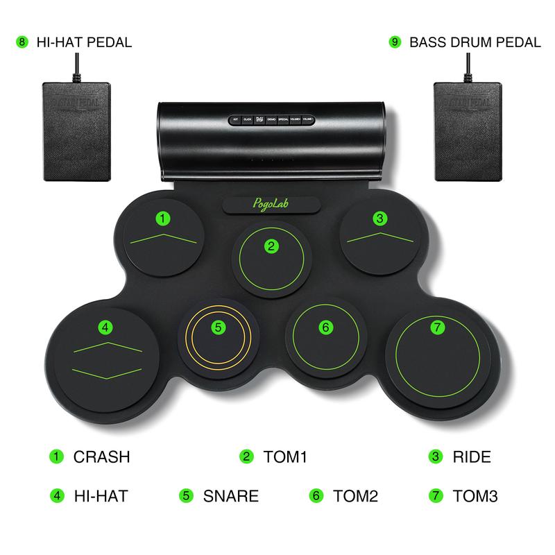 POGOLAB 7 Pads Roll Up Electric Drum Pad with Wireless Function, Electronic Drum Set, Portable Rechargeable Midi Drum Kit with Speaker Pedals Headphone Jack, Great Holiday Gift for Beginner, Music Lovers Girls Boys Friends Gift