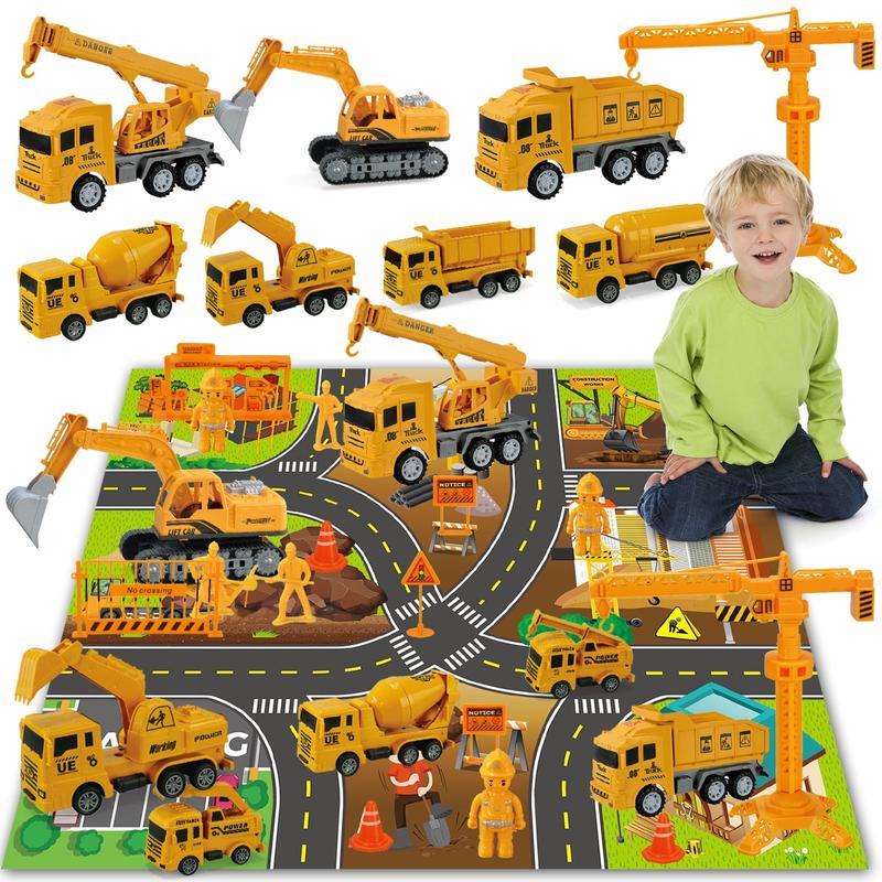 Construction Vehicle Toy Engineering Vehicles Set, 38Pcs, with Play Mat, Construction Worker, Road Signs, Dump Trucks, Excavator, Cement Mixer Trucks, Crane, Toy Gift for Age 3-9 Kids Boys & Girls kids toys