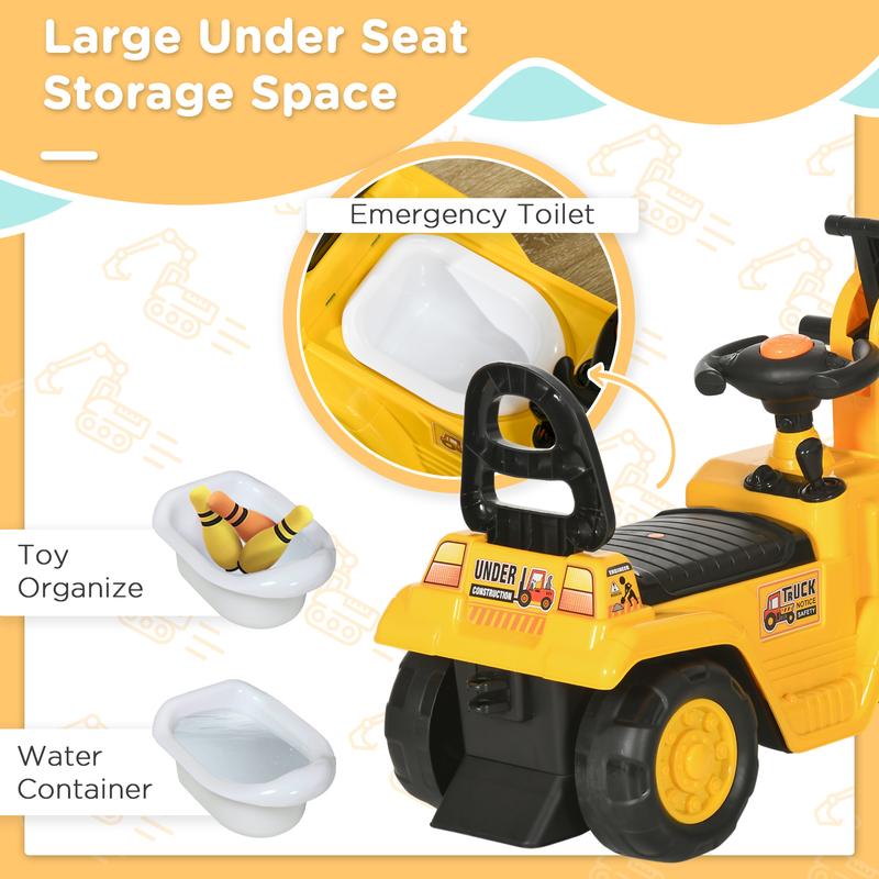 HOMCOM Ride On Excavator Pull Cart, Kids Digger Ride on Truck with Horn, Under Seat Storage, Sit and Scoot Pretend Play Toy Construction Car for Ages 18M+