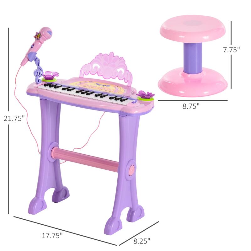 Qaba 32-Key Princess Electronic Toy Piano for Kids, Educational Keyboard Piano with Stool, MP3, Record, Flashing Lights, Microphone for 3-6 Years