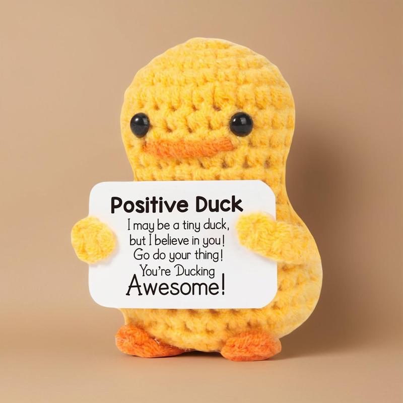 Cute Knitted Duck with Positive Card, Handmade Emotional Support Crochet Doll for Gift, DIY Knitting Supplies for Home Office Decor, Christmas Stocking Filler